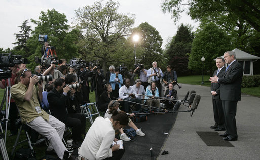 President George W. Bush and President Alvaro Uribe of Colombia, deliver statements Wednesday, May 2, 2007, on the South Lawn of the White House. In introducing President Uribe to the media, President Bush said, "It's been my honor to welcome a true democrat, a strong leader, and a friend." White House photo by Joyce Boghosian