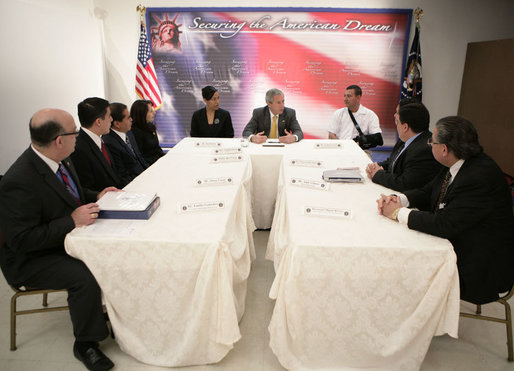 President George W. Bush addresses a meeting Thursday, May 3, 2007 on immigration and assimilation at the Asamblea de Iglesias Cristianas, Centro Evangelistico in Washington, D.C. President Bush said “One aspect of comprehensive immigration reform is to help people assimilate into America. Part of that is to have a comprehensive strategy to help people learn the English language and to learn the history and traditions of the United States." White House photo by Eric Draper