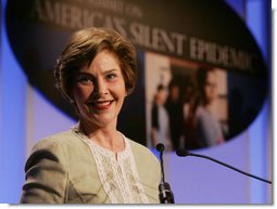 Mrs. Laura Bush addresses her remarks Wednesday, May 9, 2007 in Washington, D.C., at the National Summit on America’s Silent Epidemic highlighting America’s high school dropout crisis. Mrs. Bush encouraged communities across the nation to come together and take action to reduce the high school dropout rate.  White House photo by Joyce N. Boghosian