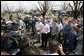 President George W. Bush makes a statement Wednesday, May 9, 2007, during his tour of Greensburg, Kansas, left devastated by a tornado last week. Said the President, "I am struck by the strength of the character of the people who live here in the Plains -- people who refuse to be -- who refuse to have their spirit affect by this storm; as a matter of fact, who are willing to do what it takes to rebuild in a better way." White House photo by Eric Draper