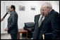 Following a meeting with Iraqi Prime Minister Nouri al-Maliki, Vice President Dick Cheney listens as an interpreter translates the Iraqi leader's remarks to the press Wednesday, May 9, 2007, in Baghdad. Earlier the Iraqi Prime Minister had said, "The meeting with the Vice President put the foundation for practical steps in order to support our efforts working on both the security front as well as the domestic political issues." White House photo by David Bohrer