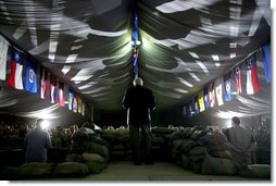 Vice President Dick Cheney addresses U.S. troops Thursday, May 10, 2007 at Contingency Operating Base Speicher, Iraq. "Many of you have had your deployments extended, and that puts an unexpected hardship on you and your families," the Vice President said. "I want you to know the extension is vital to the mission. The Army and the country appreciate the extra burden that you carry."  White House photo by David Bohrer