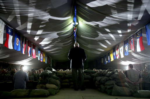 Vice President Dick Cheney addresses U.S. troops Thursday, May 10, 2007 at Contingency Operating Base Speicher, Iraq. "Many of you have had your deployments extended, and that puts an unexpected hardship on you and your families," the Vice President said. "I want you to know the extension is vital to the mission. The Army and the country appreciate the extra burden that you carry." White House photo by David Bohrer