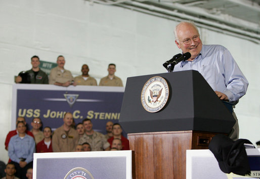 Vice President Dick Cheney delivers remarks, Friday, May 11, 2007, to U.S. troops aboard the aircraft carrier USS John C. Stennis in the Persian Gulf. White House photo by David Bohrer