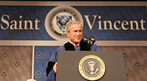 President George W. Bush delivers the commencement address Friday, May 11, 2007, at Saint Vincent College in Latrobe, Pa., urging graduates to "step forward and serve a cause larger than yourselves." White House photo by Joyce Boghosian