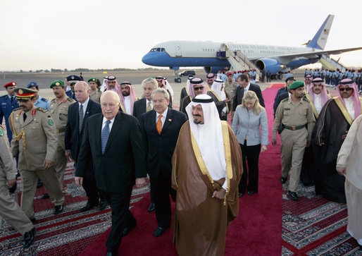 Upon arrival Saturday, May 12, 2007, to King Faisal Air Base in Saudi Arabia Vice President Dick Cheney walks with Saudi Crown Prince Sultan bin Abdulaziz, right, and an interpreter. The visit to Saudi Arabia is the third stop on a five-country trip to the Middle East. White House photo by David Bohrer