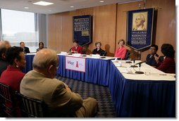 Mrs. Laura Bush talks about heart health issues for women Monday, May 14, 2007, during a roundtable discussion for The Heart Truth campaign at The George Washington University Hospital in Washington, D.C. The Heart Truth is a national awareness campaign for women about heart disease that is sponsored by the National Heart, Lung, and Blood Institute, part of the National Institutes of Health, U.S. Department of Health and Human Services.  White House photo by Shealah Craighead