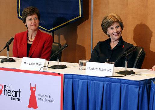 Mrs. Laura Bush is pictured with Dr. Susan K. Bennett during a roundtable discussion about heart health issues for women Monday, May 14, 2007, for The Heart Truth campaign at The George Washington University Hospital in Washington, D.C. “The main purpose of The Heart Truth campaign is just to let women know that heart disease is not just a man's disease,” said Mrs. Bush during the discussion. White House photo by Shealah Craighead