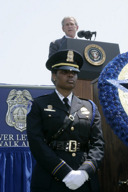 President George W. Bush addresses his remarks at the annual Peace Officers' Memorial Service outside the U.S. Capitol Tuesday, May 15, 2007, paying tribute to law enforcement officers who were killed in the line of duty during the previous year and their families. White House photo by Joyce Boghosian