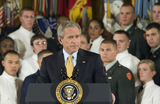 President George W. Bush speaks during the commissioning ceremony for Joint Reserve Officer Training Corps Thursday, May 17, 2007, in the East Room. "Over the years this room has been used for dances, concerts, weddings, funerals, award presentations, press conferences and bill signings," said President Bush. "Today we add another event to the storied legacy of the East Room -- the first Joint ROTC Commissioning Ceremony." White House photo by Joyce Boghosian