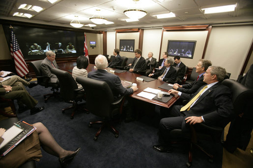 President George W. Bush and Prime Minister Tony Blair of the United Kingdom participate in a video teleconference Thursday, May 17, 2007, with members of the U.S. and U.K. Iraq teams. The meeting took place in the Situation Room of the White House. White House photo by Eric Draper