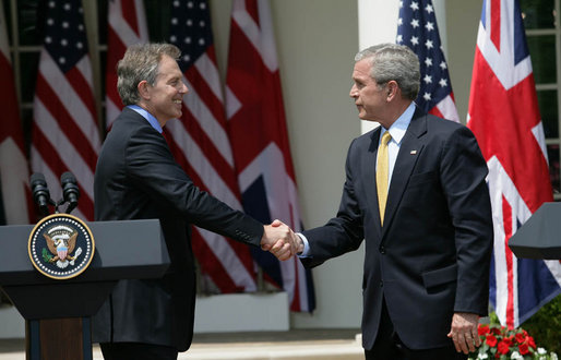 President George W. Bush and Prime Minister Tony Blair shake hands following their joint press availability Thursday, May 17, 2007, in the Rose Garden of the White House. White House photo by Eric Draper