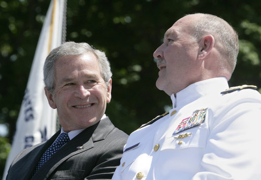 President George W. Bush talks with Admiral Thad Allen, Commandant of the U.S. Coast Guard, Wednesday, May 23, 2007, at the U.S. Coast Guard Academy commencement in New London, Conn. White House photo by Joyce Boghosian