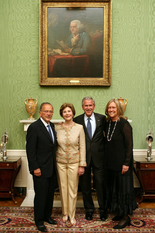 President George W. Bush and Mrs. Laura Bush welcome U.S. Senator Ted Stevens and his wife, Catherine Ann Chandler to the White House Wednesday evening, May 23, 2007, for a social dinner in honor of Senator Stevens 