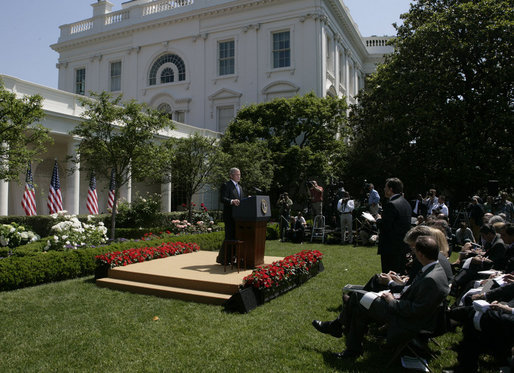 President George W. Bush responds to a reporter's question Thursday, May 24, 2007, during a morning press conference in the Rose Garden of the White House. White House photo by Joyce Boghosian