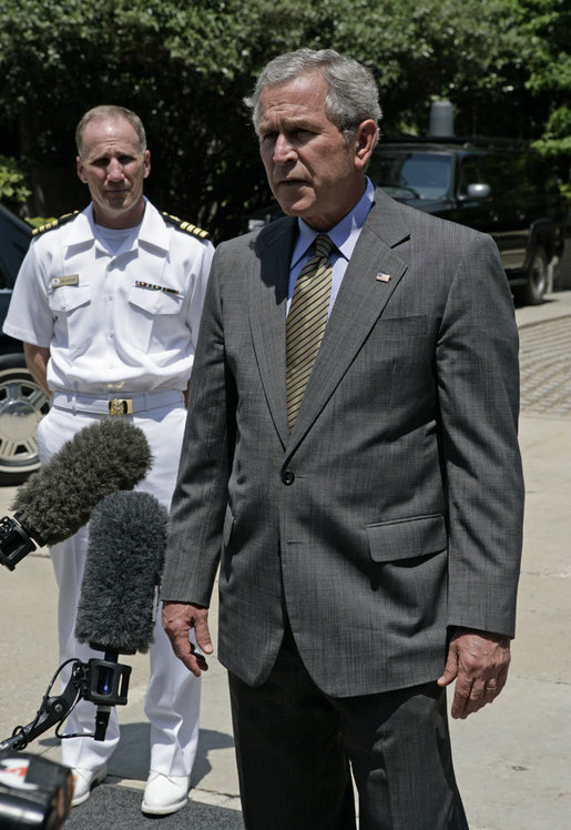 President George W. Bush talks to the press after visiting with patients at National Naval Medical Center Friday, May 25, 2007, in Bethesda, Md. "I also am honored to be here at this place of compassion and healing on Memorial Day Weekend," said President Bush. "It's a weekend which gives us a chance to honor those who have served this country, whether it be in this war or in previous wars." White House photo by Joyce N. Boghosian