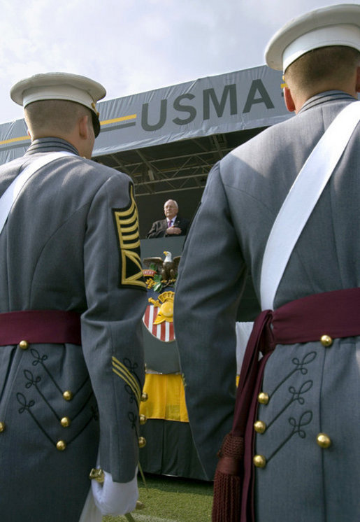 Vice President Dick Cheney stands for the playing of the national anthem Saturday, May 26, 2007, during graduation ceremonies at the U.S. Military Academy in West Point, N.Y. White House photo by David Bohrer