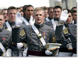 Cadets from the U.S. Military Academy Class of 2007 take the oath of office Saturday, May 26, 2007, during graduation ceremonies in West Point, N.Y. "Your country has prepared you, and now your country is counting on you," the Vice President said during his commencement address, adding, "I know that each one of you will serve with skill, and carry yourself with honor, and take care of your soldiers, because that is the way of the West Point officer." White House photo by David Bohrer