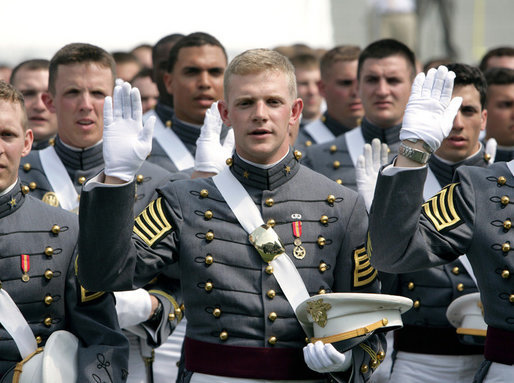 Cadets from the U.S. Military Academy Class of 2007 take the oath of office Saturday, May 26, 2007, during graduation ceremonies in West Point, N.Y. "Your country has prepared you, and now your country is counting on you," the Vice President said during his commencement address, adding, "I know that each one of you will serve with skill, and carry yourself with honor, and take care of your soldiers, because that is the way of the West Point officer." White House photo by David Bohrer