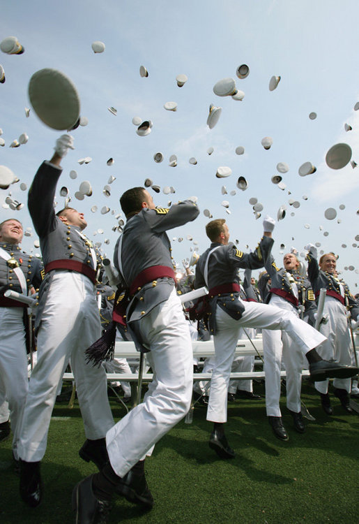 Graduates of the U.S. Military Academy toss their hats in celebration Saturday, May 26, 2007, following commencement ceremonies in West Point, N.Y. White House photo by David Bohrer