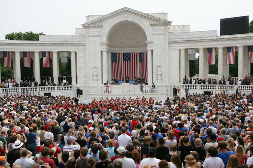 President George W. Bush addresses his remarks at the Memorial Day commemoration ceremony Monday, May 28, 2007, at Arlington National Cemetery in Arlington, Va. White House photo by Shealah Craighead