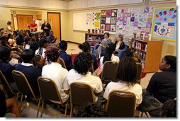 Mrs. Laura Bush and actress Emma Roberts meet with students at Washington Middle School for Girls Tuesday, May 29, 2007, in Washington, D.C. White House photo by Shealah Craighead