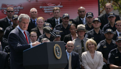 President George W. Bush emphasizes a point as he delivers remarks on comprehensive immigration reform Tuesday, May 29, 2007, at the Federal Law Enforcement Training Center in Glynco, Ga. The President told his audience, "Our nation depends on our federal agents to enforce our immigration laws at the border and across the country. You've got a big job to do; we're counting on you to enforce those laws." White House photo by Chris Greenberg