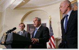 President George W. Bush is joined by U.S. Treasury Secretary Henry Paulson, right, and former Deputy Secretary of State Robert B. Zoellick Wednesday, May 30, 2007, in the Roosevelt Room at the White House, as President Bush nominates Zoellick to be the new president at the World Bank replacing Paul Wolfowitz.  White House photo by Chris Greenberg