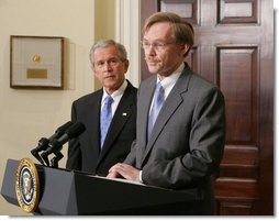 President George W. Bush listens as former Deputy Secretary of State Robert B. Zoellick addresses members of the media Wednesday, May 30, 2007, in the Roosevelt Room at the White House following President Bush’s nomination of Zoellick to be the new president at the World Bank.  White House photo by Chris Greenberg