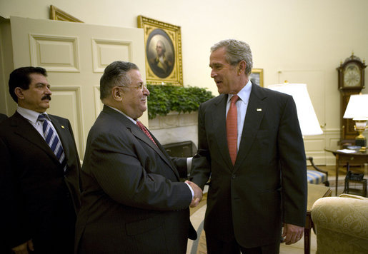 President George W. Bush welcomes President Jalal Talabani of Iraq to the Oval Office Thursday, May 31, 2007. White House photo by Eric Draper