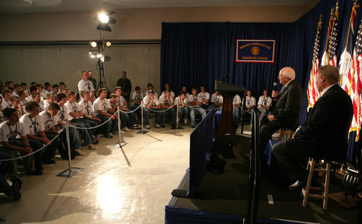 Vice President Dick Cheney answers a question from a student during the Wyoming Boys' State Conference, Sunday, June 3, 2007, in Douglas, Wyo. The Vice President spoke about Iraq, domestic issues and his experience as a Wyoming Boys' State participant in 1958. White House photo by David Bohrer