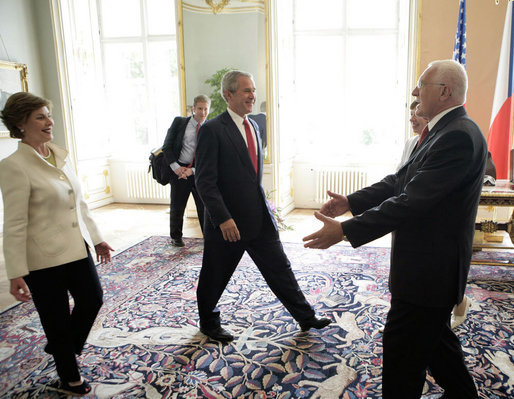 President George W. Bush and Mrs. Laura Bush are welcomed by President Vaclav Klaus and his wife Livia Klausova to Prague Castle Tuesday, June 5, 2007. White House photo by Eric Draper