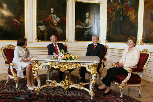 President George W. Bush and Mrs. Laura Bush meet with Czech Republic President Vaclav Klaus and his wife Livia Klausova in the Hapsburg Salon of Prague Castle Tuesday, June 5, 2007. White House photo by Shealah Craighead