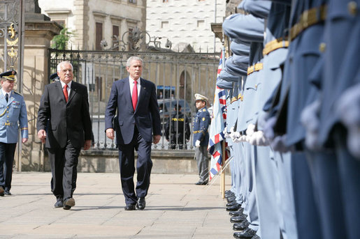 President George W. Bush is accompanied by President Vaclav Klaus of the Czech Republic, for the review of troops Tuesday, June 5, 2007, during the arrival ceremonies in honor of the President and Mrs. Laura Bush in Prague. White House photo by Chris Greenberg