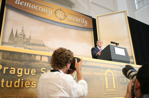 President George W. Bush speaks to democracy advocates Tuesday, June 5, 2007, in Prague, where he wound up a two-day visit before heading to Germany and the G8 Summit. White House photo by Shealah Craighead