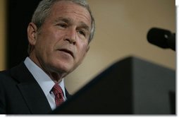 President George W. Bush speaks to democracy advocates Tuesday, June 5, 2007, at the Czernin Palace in Prague. Said the President, " In this room are dissidents and democratic activists from 17 countries on five continents. You follow different traditions, you practice different faiths, and you face different challenges. But you are united by an unwavering conviction: that freedom is the non-negotiable right of every man, woman, and child, and that the path to lasting peace in our world is liberty."  White House photo by Shealah Craighead