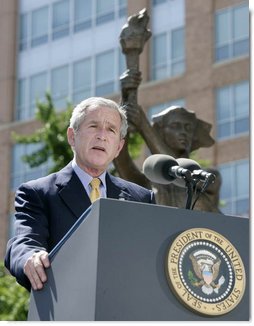 President George W. Bush addresses his remarks Tuesday, June 12, 2007, at the dedication ceremony for the Victims of Communism Memorial in Washington, D.C. President Bush, speaking on the anniversary of President Ronald Reagan’s Berlin Wall speech, said "It’s appropriate that on the anniversary of that speech, that we dedicate a monument that reflects our confidence in freedom’s power." White House photo by Joyce N. Boghosian