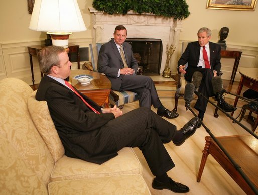 President George W. Bush meets with White House Counselor Dan Bartlett, left, and Ed Gillespie in the Oval Office Wednesday, June 13, 2007. In announcing Mr. Gillespie as his new Counselor, President Bush said, "When Dan told me that he was going to leave the White House so he could spend more time with his three young children and his wife, I never thought I'd be able to find somebody that could possibly do as good a job as he has done. I'm fortunate that Ed Gillespie has agreed to join the administration." White House photo by Eric Draper