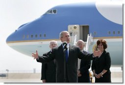 President George W. Bush speaks to Boeing employees and base personnel and families at McConnell Air Force Base in Wichita Friday, June 15, 2007. With him, from left are: Pat Finneran, Senator Pat Roberts (R-Kansas), Vicki Tiahrt, spouse of Kansas Congressman Todd Tiarht. White House photo by Eric Draper