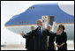 President George W. Bush speaks to Boeing employees and base personnel and families at McConnell Air Force Base in Wichita Friday, June 15, 2007. With him, from left are: Pat Finneran, Senator Pat Roberts (R-Kansas), Vicki Tiahrt, spouse of Kansas Congressman Todd Tiarht. White House photo by Eric Draper