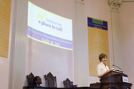 Mrs. Laura Bush delivers the commencement address at the sixth grade graduation ceremony of the Elsie Whitlow Stokes Community Freedom Public Charter School Friday, June 15, 2007, at All Souls Unitarian Church in Washington, D.C. "Today is the time to think back on all of the lessons you've learned at Stokes School -- but it's also a time to look ahead," said Mrs. Bush. "You may be nervous about leaving such a close-knit environment, and moving on to bigger schools. But remember that you've succeeded at Stokes School because you upheld three important rules: I will take care of myself, I will take care of others, and I will take care of my community." White House photo by Shealah Craighead