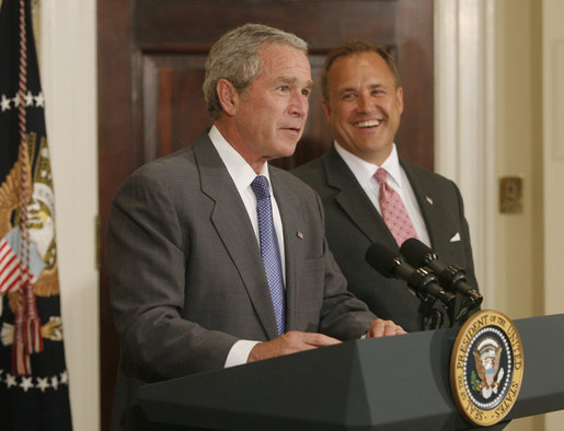 President George W. Bush introduces former Iowa Rep. Jim Nussle Tuesday, June 19, 2007 in the Roosevelt Room, as his nominee to be the new director of the Office of Management and Budget replacing outgoing director Rob Portman. White House photo by Debra Gulbas