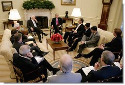 President George W. Bush speaks with Republican members of the House of Representatives in an Oval Office meeting Wednesday, June 20, 2007. White House photo by Eric Draper