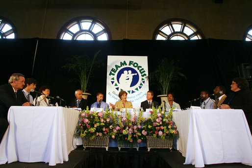 As part of Helping America’s Youth initiative, Mrs. Laura Bush participates in a roundtable discussion during a visit to Team Focus’ National Leadership Camp Thursday, June 21, 2007, in Mobile, Ala. Team Focus recently initiated a mom’s support group, where mothers can discuss the challenges of parenting fatherless boys. White House photo by Shealah Craighead