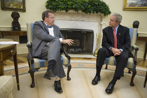 President George W. Bush meets with President Toomas Ilves of Estonia, during their meeting Monday, June 25, 2007, in the Oval Office. Calling him a "President of a country which has emerged from some really dark days," President Bush welcomed the leader to the White House saying, "President Ilves is a very strong advocate for democracy and the marketplace." White House photo by Eric Draper