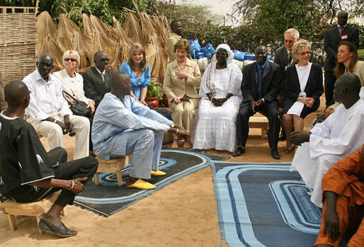 Mrs. Laura Bush sits in on a roundtable discussion about malaria at Fann Hospital Tuesday, June 26, 2007, in Dakar, Senegal. Malaria is the single leading cause of death in Senegal. This year the United States is providing $16.7 million in assistance to combat the issue. The funding is part of the President's Malaria Initiative that increases malaria funding by more than 1.2 billion dollars over five years. White House photo by Shealah Craighead