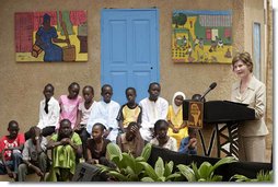 Mrs. Laura Bush delivers remarks at Grand Medine Primary School Tuesday, June 26, 2007, in Dakar, Senegal. During her visit, Mrs. Bush announced that 805,000 books were donated to Senegal this summer through President Bush's Africa Education Initiative.  White House photo by Shealah Craighead