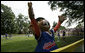 Dugout, the Little League mascot, celebrates the opening of the 2007 White House Tee Ball season Wednesday, June 27, 2007, during the opening game between the Luray, Virginia Red Wings and the Bobcats from Cumberland, Maryland. White House photo by Eric Draper