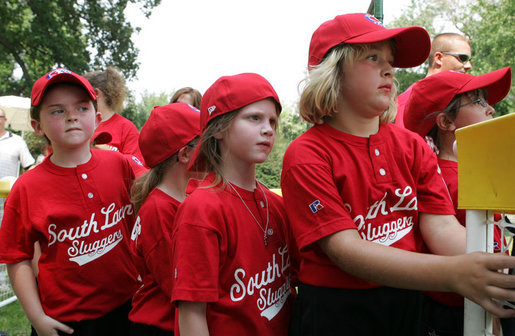 Members of the Luray, Virginia Red Wings watch from the bench Wednesday, June 27, 2007, during the first White House Tee Ball Game of the 2007 season as they go against the Bobcats from Cumberland, Maryland, on the South Lawn of the White House. White House photo by Chris Greenberg