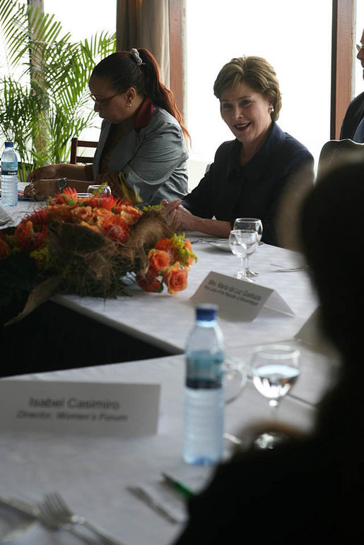 Mrs. Laura Bush meets with local women community leaders for a roundtable discussion Wednesday, June 27, 2007, in Maputo, Mozambique. During their talk about women's empowerment, domestic violence, and HIV/AIDS, Mrs. Bush underlined the administration's commitment to women's rights in Africa. White House photo by Shealah Craighead